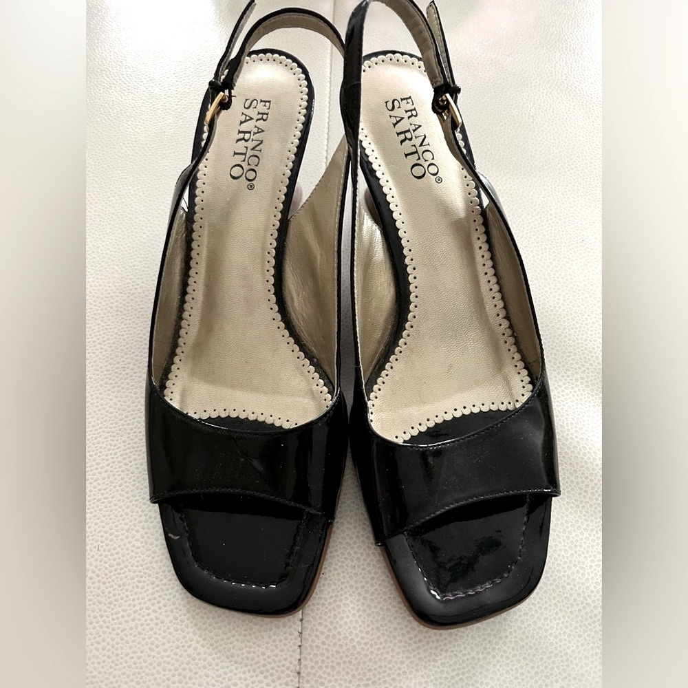Franco Sarto Patent Leather Wood Heels Size 9M Black Square Toe Sling Back